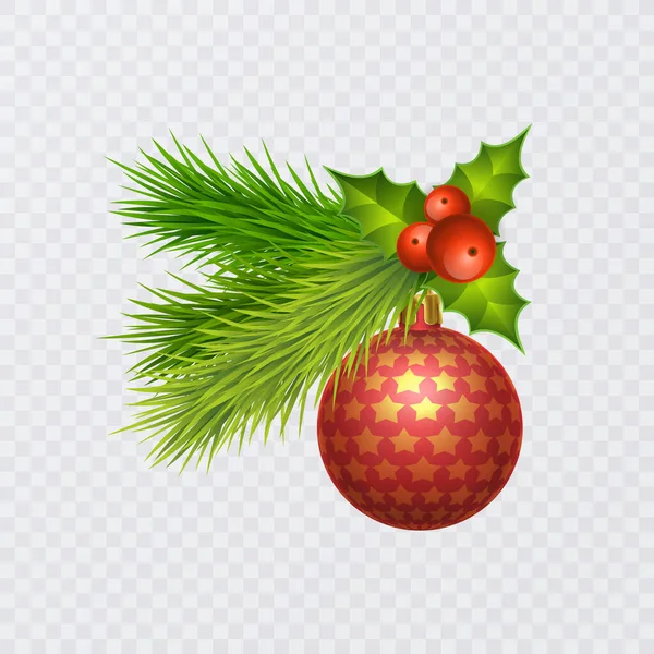 Feriados Fundo com Estação Realista Árvore de Natal Ramos Decorados com Berries e brinquedos de árvore de Natal — Vetor de Stock