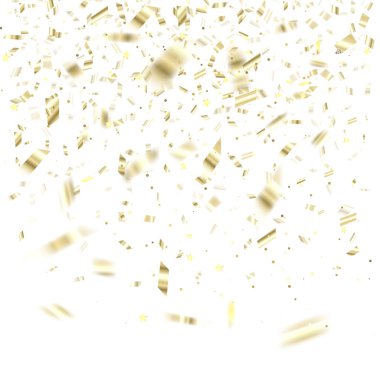 Şeffaf arka planda izole parlak altın konfeti düşen. Altın renkteki parlak şenlikli simler