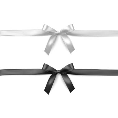 Siyah ve beyaz hediye yayları, saten izole edilmiş göz alıcı fiyonk doğum günü ve noel hediyesi kutusu. Mevcut tasarım ögesi