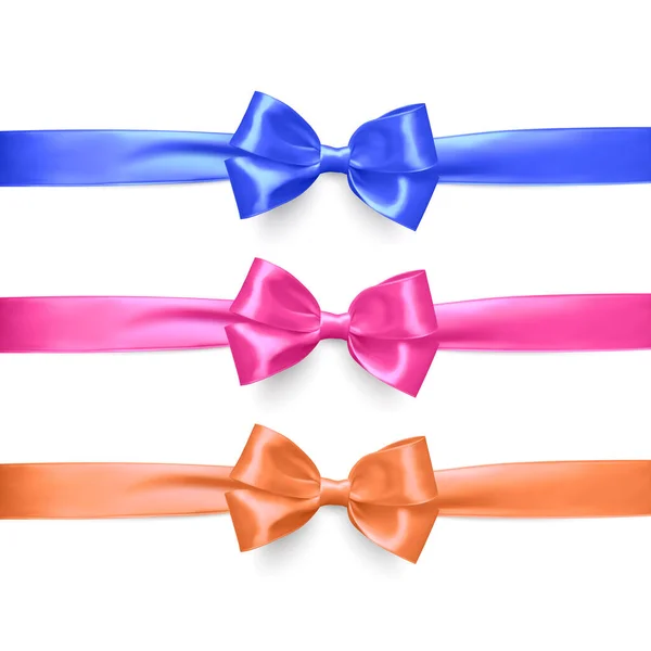 Set Realistic Bows Decoration Bright Satin Bows White Background Vector — Stock Vector