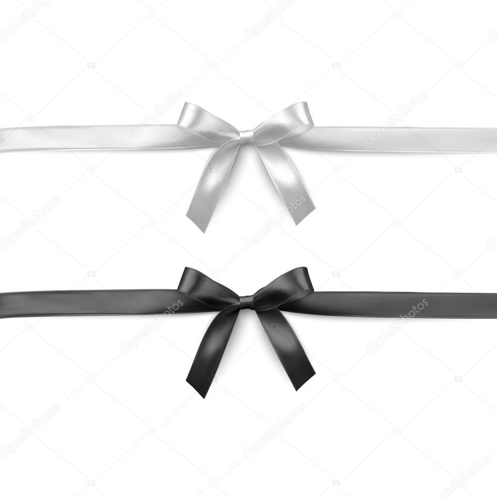 Black and white gift bows, satin isolated glamour bow for birthday and christmas gift box. Present design element