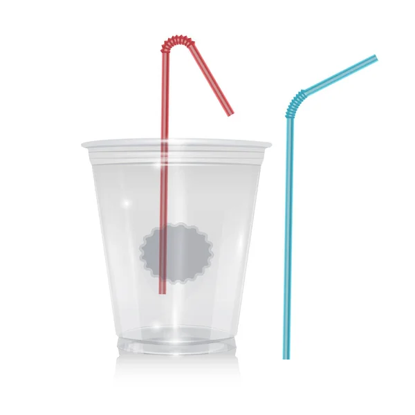 球ドームキャップとチューブ付きクリアプラスチックカップ 現実的な透明使い捨てプラスチックカップ ベクトル形式 — ストックベクタ