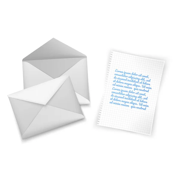Realistisches weißes Blanko-Briefpapier C5 oder C6-Umschlag-Frontansicht, Vorlage offen und geschlossen, Vektorillustration — Stockvektor