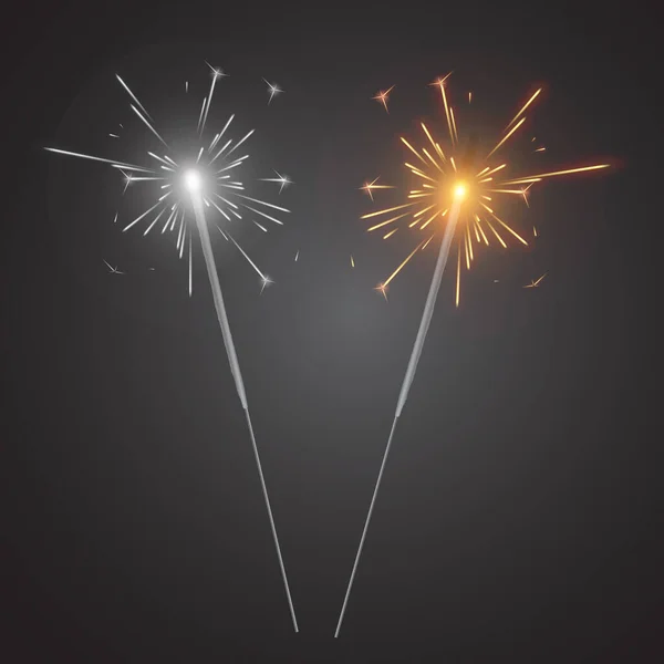Brilho de fogo de bengala Vela sparkler de Ano Novo isolada em fundo transparente. Ilustração vetorial realista — Vetor de Stock
