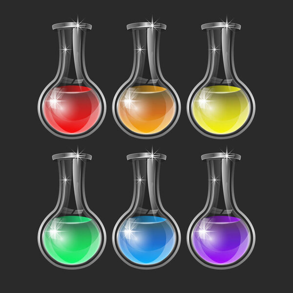 Set of isolated glassware flask or glass bottle for chemistry on transparent background