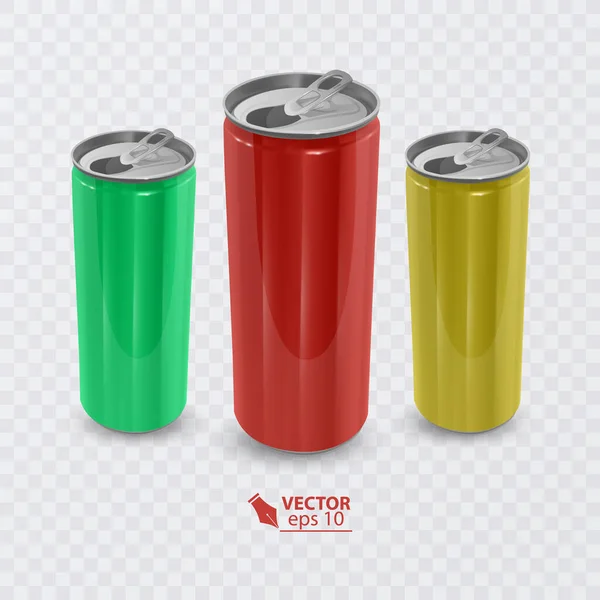 Latas Aluminio Realistas Blanco Metálico Puede Beber Cerveza Soda Agua — Vector de stock