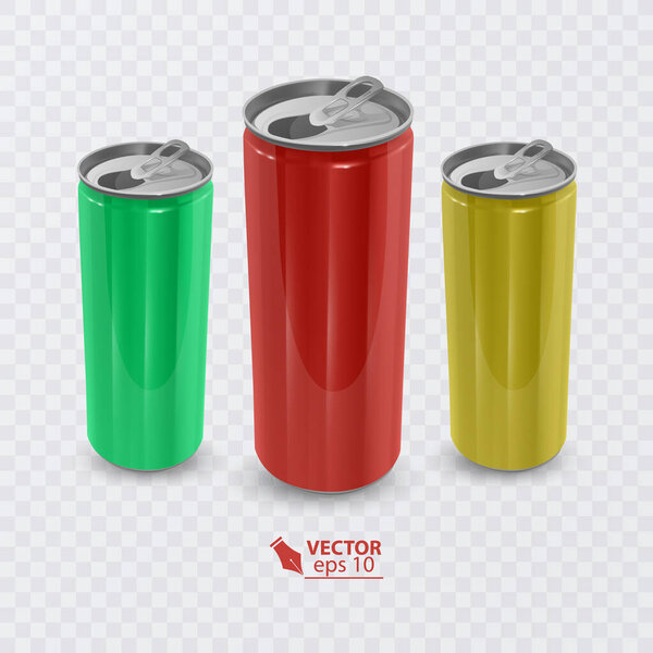 Realistic aluminum cans. Blank metallic can drink beer soda water juice packaging, empty mock up container