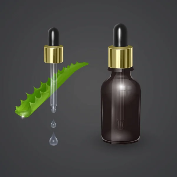 Serum aloe vera afiş şablonu, Aloe Vera gider, şişe, pipet ve damla, vektör illüstrasyonu — Stok Vektör