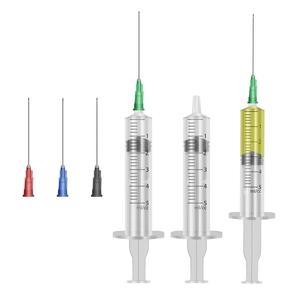 Jeringa Médica Realista Desechable Con Aguja Jeringa Plástico Con Aguja — Vector de stock