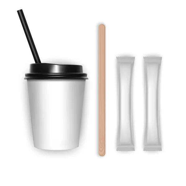 Set Paper Cardboard Cups Coffee Mugs Drinks Top View Vector — стоковый вектор