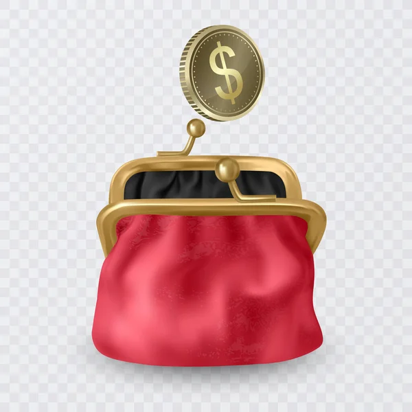 Röd Plånbok Realistisk Stil Med Dollar Mynt Vektor Illustration — Stock vektor