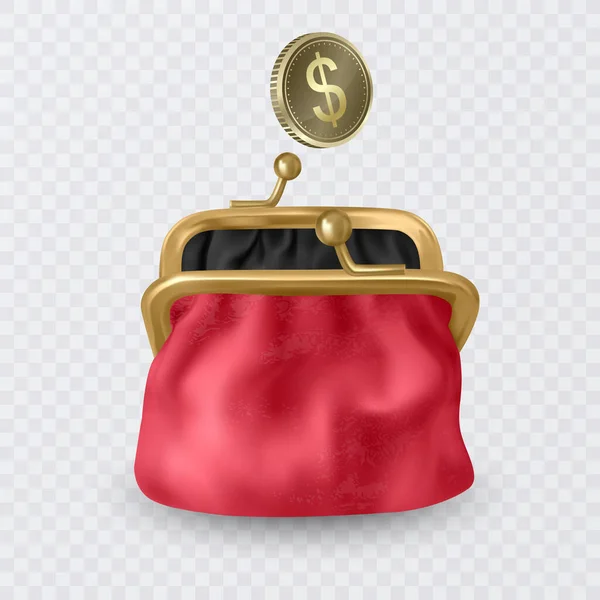 Rode Portemonnee Vol Geld Gouden Munten Met Dollarteken Symbool Van — Stockvector