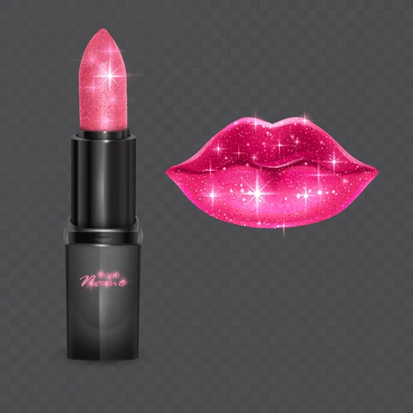 Beautiful Voluminous Lips Transparent Background Pink Lips Shiny Glitter Texture — Stock Vector