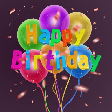 Happy birthday illustration with 3d realistic multicolor air balloon on dark background with text and glitter confetti