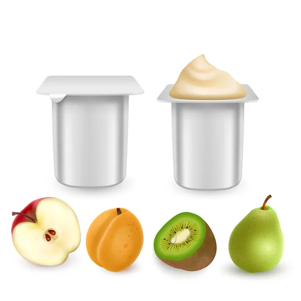 Set Natural Yogurt Packaging Container Jar Design Including Strawberry Cherry — стоковый вектор