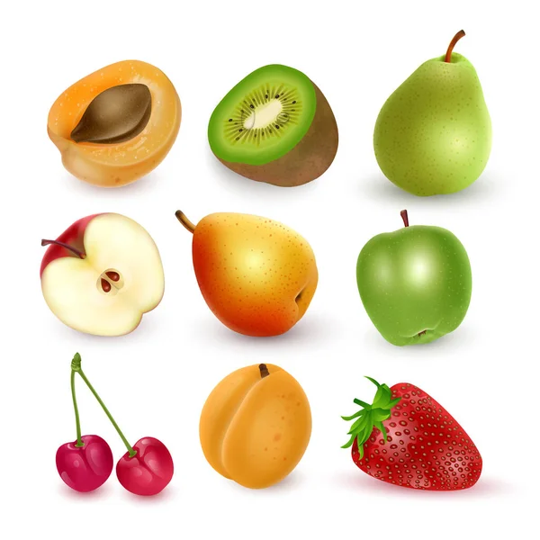 Set Ripe Fruits Realistic Style Apples Pears Cherries Bright Fruits — стоковый вектор