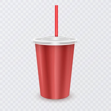 Soğuk içecek için tek kullanımlık kağıt bardak. Soda, buzlu çay, kokteyl, milkshake, meyve suyu. Vektör biçimi