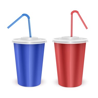 Soğuk içecek için tek kullanımlık kağıt bardak. Soda, buzlu çay, kokteyl, milkshake, meyve suyu. Vektör biçimi