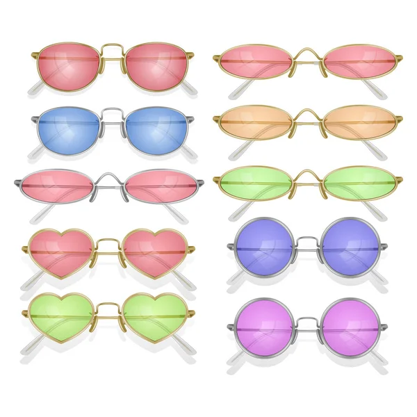 サングラスセット 夏のアイウェア太陽保護サングラス ファッションの眼鏡アクセサリー プラスチック製フレーム モダンメガネ — ストックベクタ