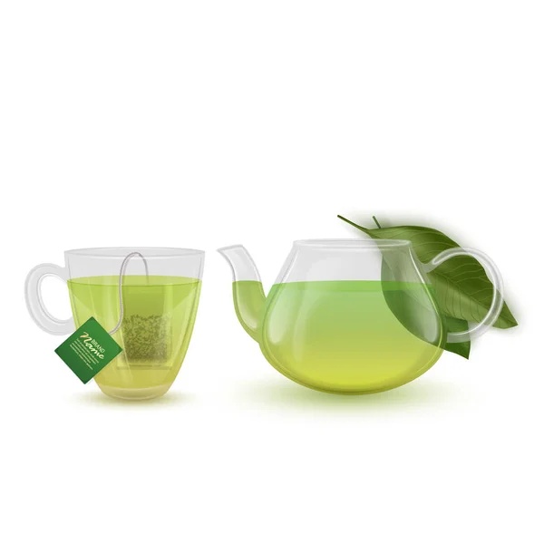 白を基調とした中に 緑茶とティーバッグが入ったソーサー付きのグラスカップ 熱い緑茶 — ストックベクタ