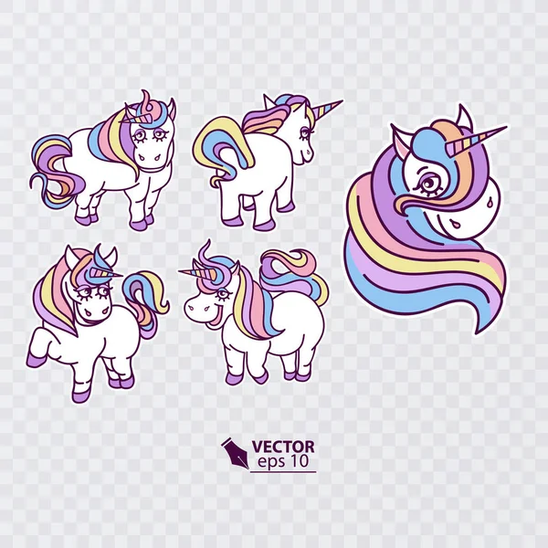 Set Cute Kuda Poni Manis Unicorn Dan Pelangi Kartun Datar - Stok Vektor