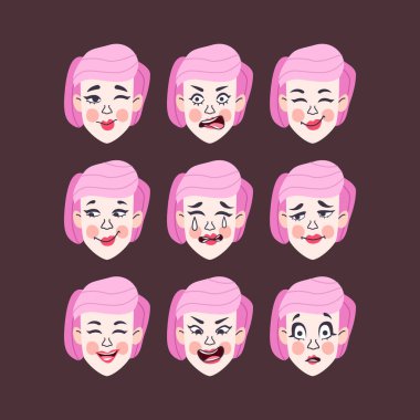 Bir dizi kadının duyguları. Yüz ifadesi. Kız Avatar. Düz tasarımın vektör illüstrasyonu