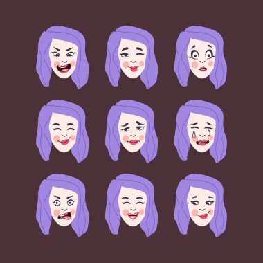 Bir dizi kadının duyguları. Yüz ifadesi. Kız Avatar. Düz tasarımın vektör illüstrasyonu
