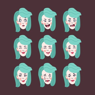 Bir dizi kadının duyguları. Yüz ifadesi. Kız Avatar. Düz tasarımın vektör illüstrasyonu