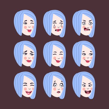 Bir dizi kadının duyguları. Yüz ifadesi. Kız Avatar. Düz tasarımın vektör illüstrasyonu