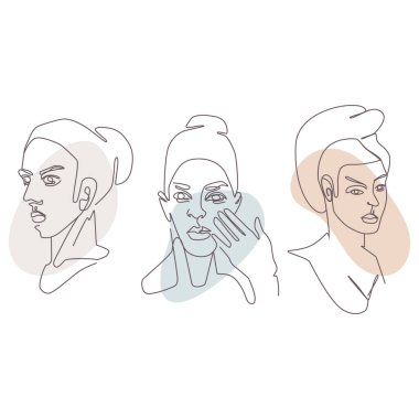 Soyut minimalist kadın portresi seti. Vektör moda illüstrasyonu, modaya uygun bir çizgisel tarzda. Zarif sanat. Posterler, dövmeler, logolar için