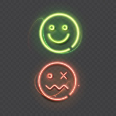 Emoji neon simgeleri, koyu arkaplanda neon ışığı, vektör illüstrasyonu