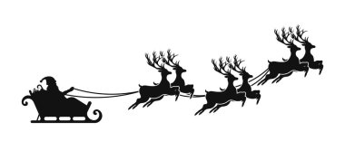 Noel Baba, Noel geyiğiyle kızakla uçuyor. Noel Baba 'nın silueti, Noel hediyeleri ve ren geyikleriyle kızak. Vektör