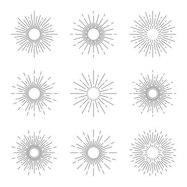 Klasik güneş ışınları, retro güneş patlaması. Doğrusal olarak güneş ışınları dizisi. Eskizler için güneş ışığı, Boho stilinde klasik elementler. Vektör