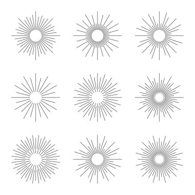 Klasik güneş ışınları, retro güneş patlaması. Doğrusal olarak güneş ışınları dizisi. Eskizler için güneş ışığı, Boho stilinde klasik elementler. Vektör