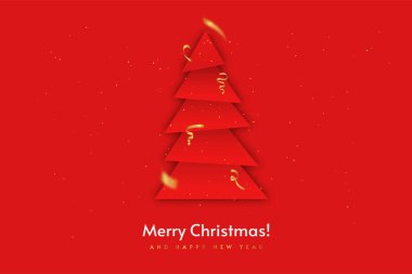 Mutlu Noeller ve mutlu yıllar. Noel arkaplan şablonu kağıt kesiği şeklinde stilize edilmiş Noel ağacı. Kırmızı arka planda altın konfeti ve parıltı. Vektör
