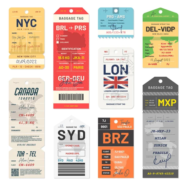 Bagaj Etiketleri Seyahat Etiketleri Havaalanı Yolcularının Etiketleri Etiketleri Gezginler Için — Stok Vektör