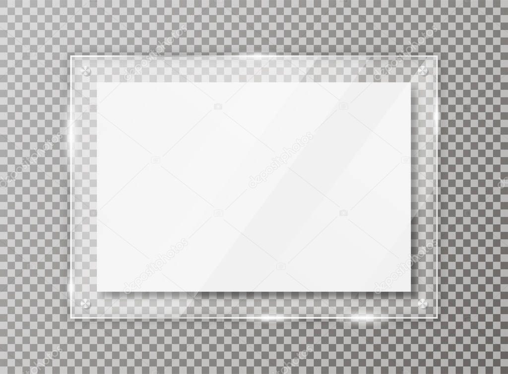 Glass plate on transparent background. Acrylic and glass texture with glares, light and reflection. Realistic transparent glass window in rectangle frame. Vector