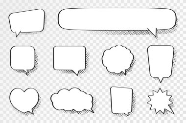 Çizgi roman tarzında konuşma baloncukları. Pop sanatında yarım ton etkisi olan boş konuşma baloncukları. Diyalog ve tartışma, düşünme ve konuşma bulutları. Vektör