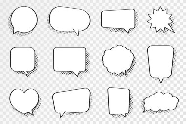 Çizgi roman tarzında konuşma baloncukları. Pop sanatında yarım ton etkisi olan boş konuşma baloncukları. Diyalog ve tartışma, düşünme ve konuşma bulutları. Vektör