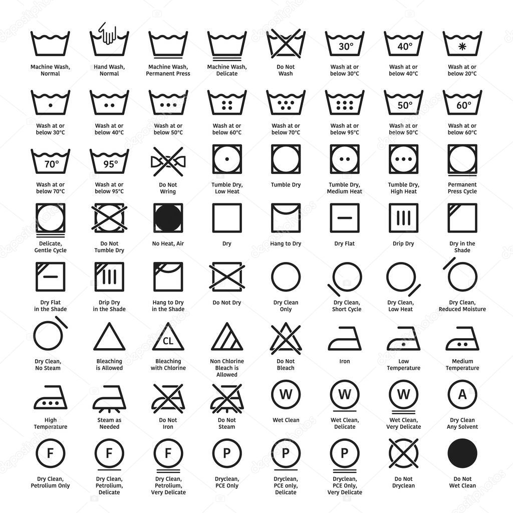 Laundry symbols, care symbols. Washing, drying, bleaching, ironing and cleaning. Laundry guide, care tags, labels and pictograms with instruction. Set of black linear icons of washing guide. Vector