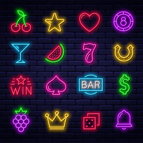 Casino Symbole Für Spielautomaten Set Von Leuchtenden Neon Gaming Symbolen — Stockvektor