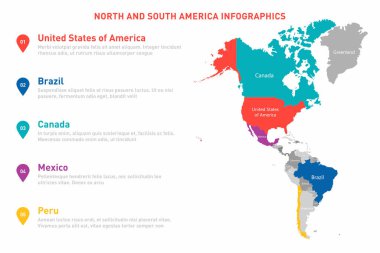 Kuzey ve Güney Amerika haritası bilgi şablonu. Amerikan ülkeleri ve sınırları ile vektör haritası. Veriler, analitik ve ekonomik istatistikler için ticari bilgi şablonu. Amerika haritası şablonu. Vektör