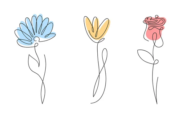Květiny Souvislém Stylu Jednoho Řádku Umění Růže Tulipán Heřmánek Listy — Stockový vektor