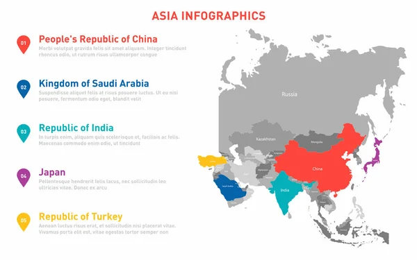 Modello Infografica Mappa Asia Mappa Vettoriale Con Paesi Confini Asiatici — Vettoriale Stock