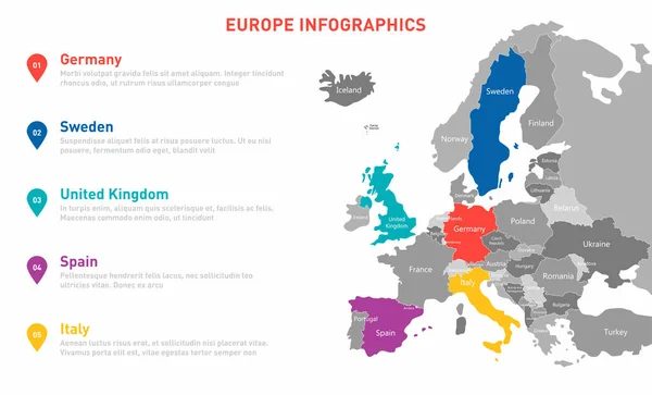 Europa Mapeie Modelo Infográfico Mapa Vetorial Com Países Fronteiras Europeias —  Vetores de Stock