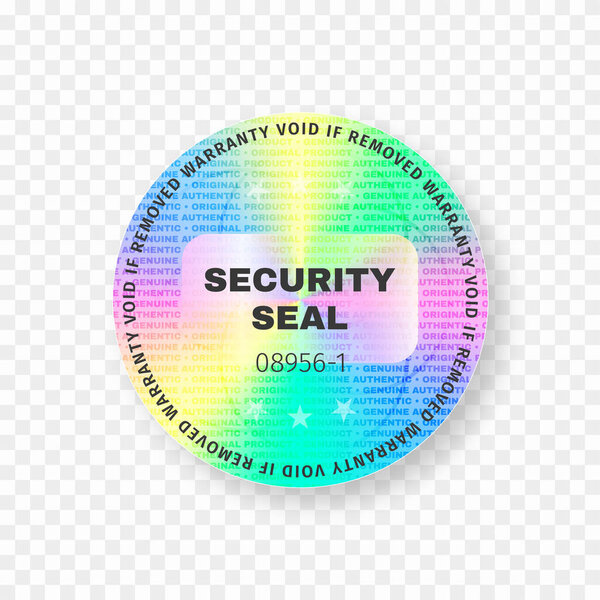 Holographic sticker mockup. Foil holographic sticker and label. Tamper evident warranty seal mockup. Hologram sticker and badge in circle shape. Vector