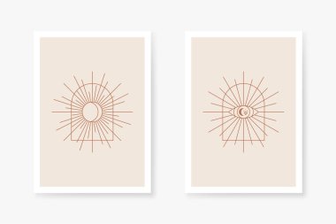 Bohem ve kabile tarzı poster. Astroloji, gizem ve esrarengiz semboller. Poster şablonu için Boho tarzı. Boho tarzında göksel ve büyülü bir poster tasarımı. Vektör