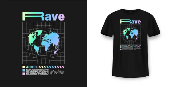 酸レイブTシャツのデザイン 未来的な酸の設計要素とサイケデリックなTシャツのモックアップ テクノミュージックのポスターデザイン 音楽レイヴTシャツのデザイン ベクトル — ストックベクタ