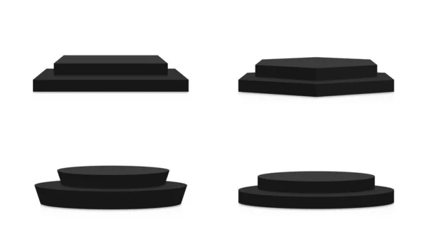 黑色的讲台是圆形和正方形的 收集白色背景下的空基座 舞台和平台模型 3D黑色颁奖台和颁奖平台及产品展示 — 图库矢量图片
