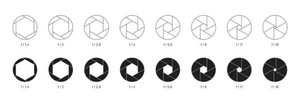 Kamera Shutter Icons Sammlung Set Von Piktogrammen Für Die Blendenöffnung — Stockvektor